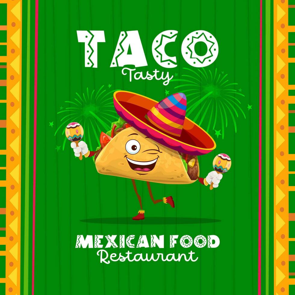 Cartoon cheerful mexican tacos mariachi character vector