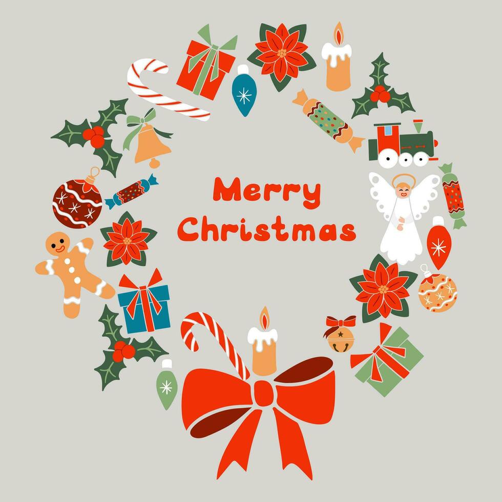 Navidad guirnalda con minimalista plano elementos. gráfico composición con texto alegre Navidad. mano dibujado invierno fiesta elementos. Perfecto para gráfico póster, tarjeta, imprimir, patrón, camisa impresión vector