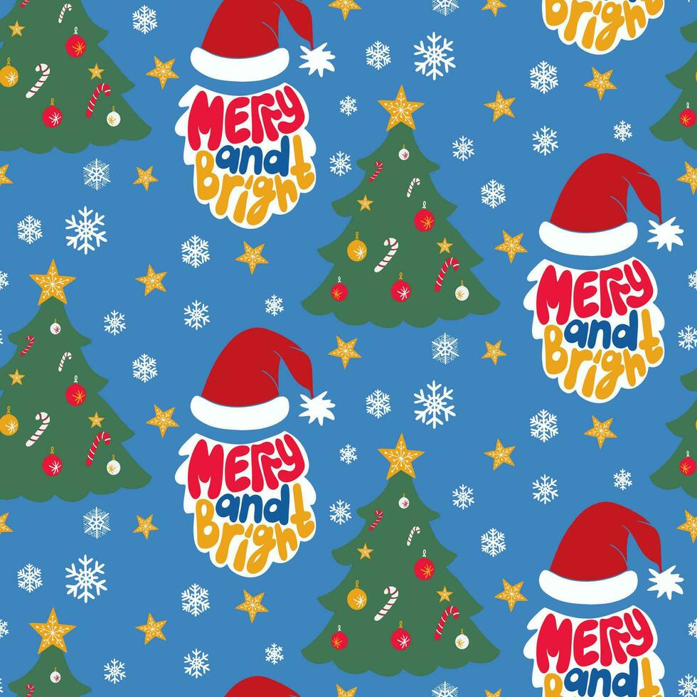 Groovy Christmas typographic seamless pattern with Christmas tree, Santa Claus beard and hat. Hand drawn lettering Merry and Bright in flat minimalistic style. Ideal design for textile, wrapping paper vector