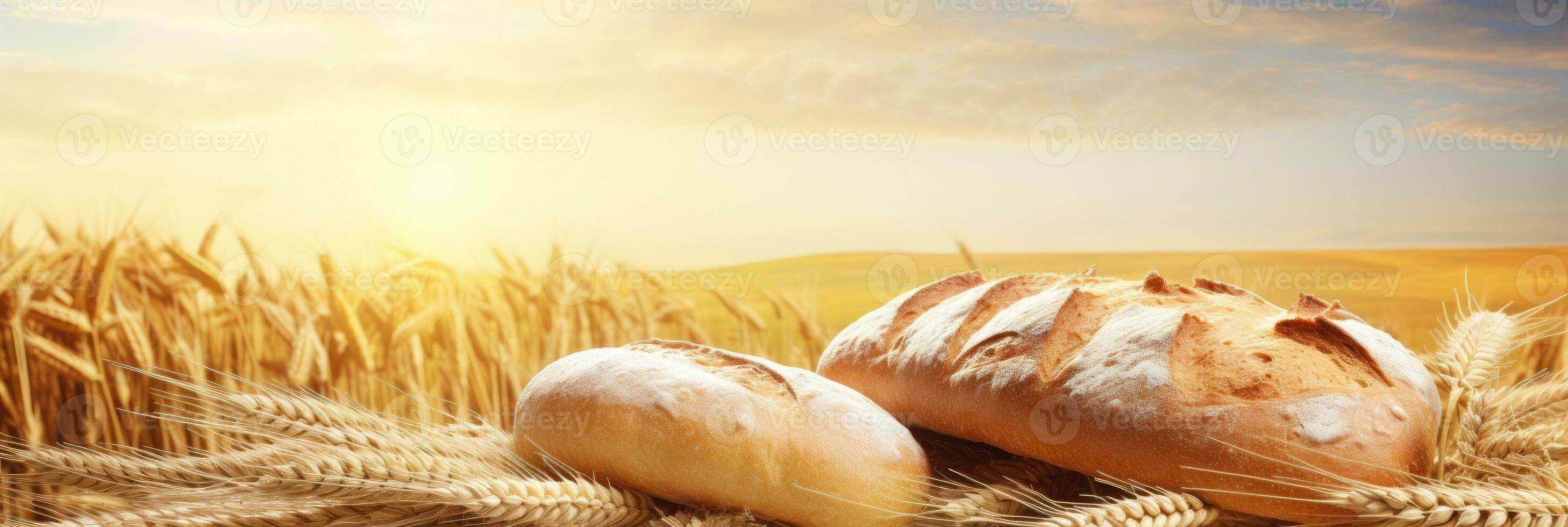 Wheat field with wheat bread and pastries in the foreground. AI Generative photo