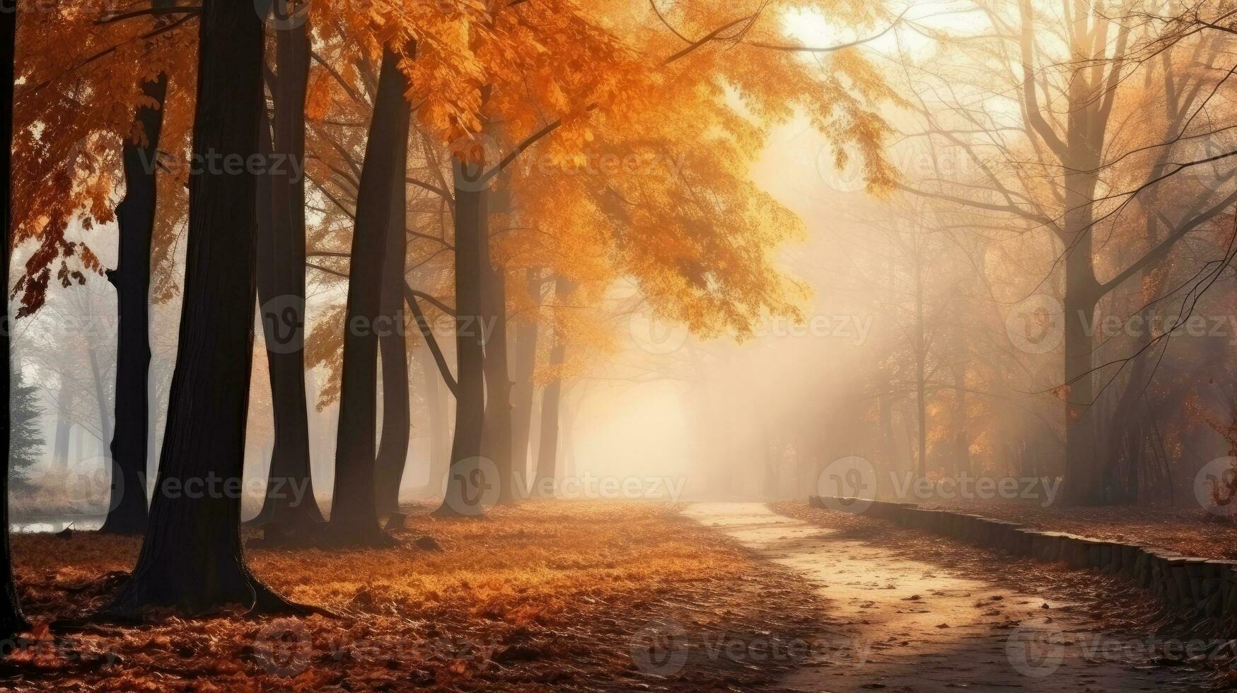 Magic autumn forest with walking path, beautiful autumn landscape. photo