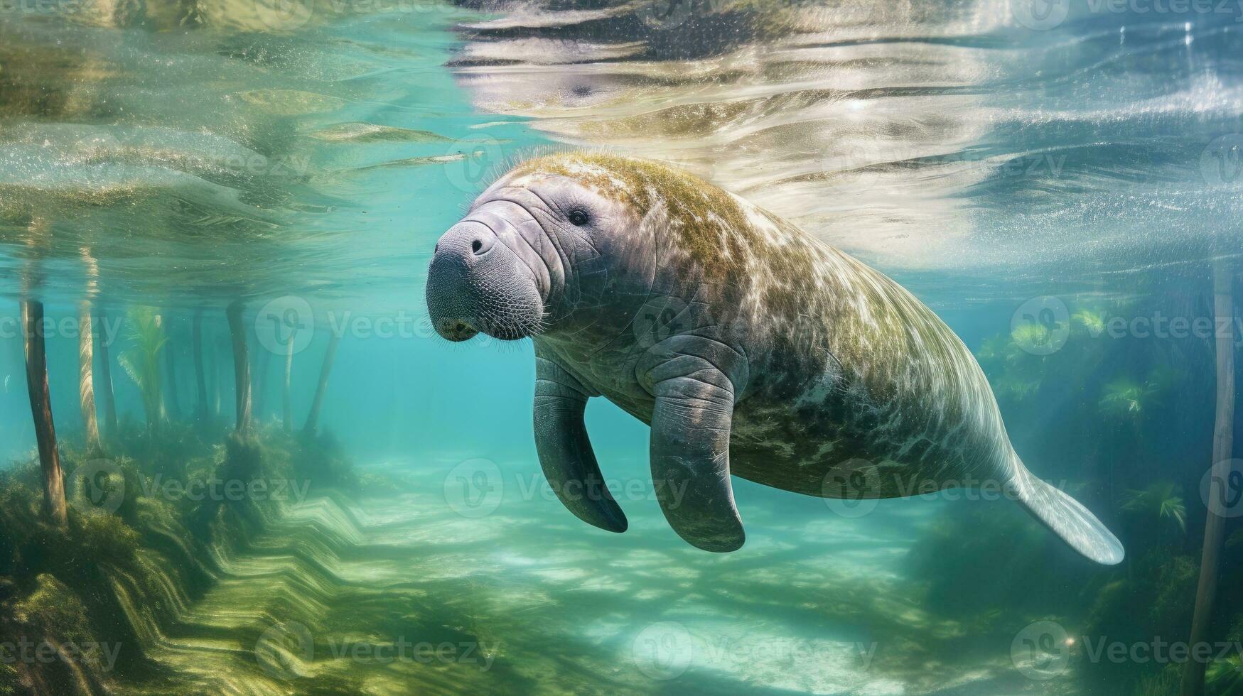 Florida manatee in clear water. Generative AI photo