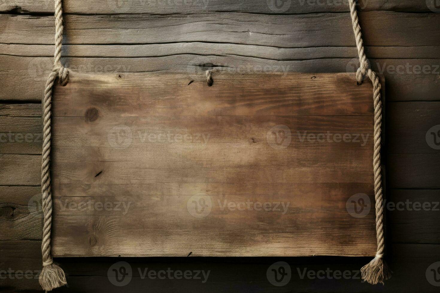 Wooden sign plain hanging from rope on vintage background. Generative AI photo