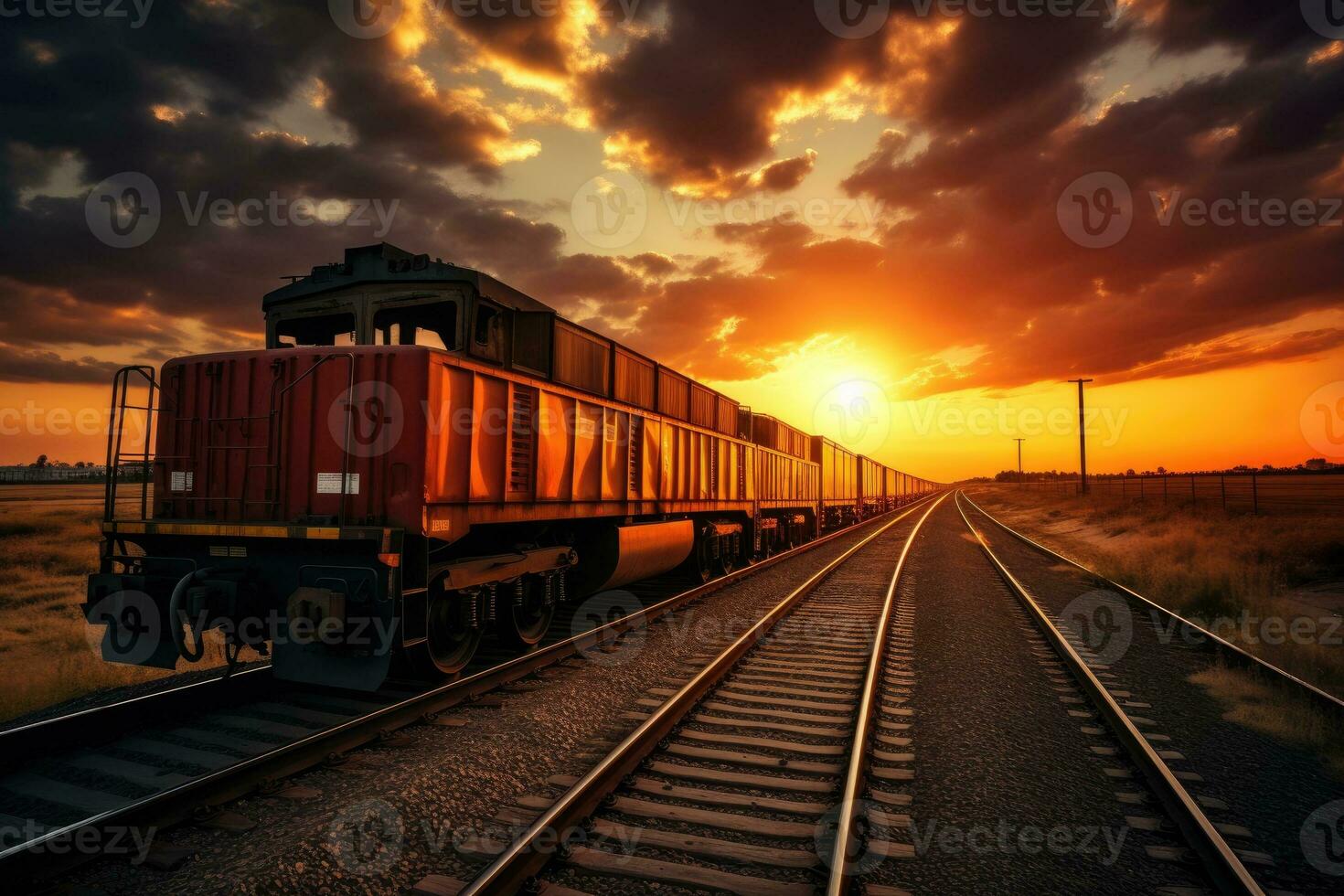 Cargo train at sunset. International train transport photo