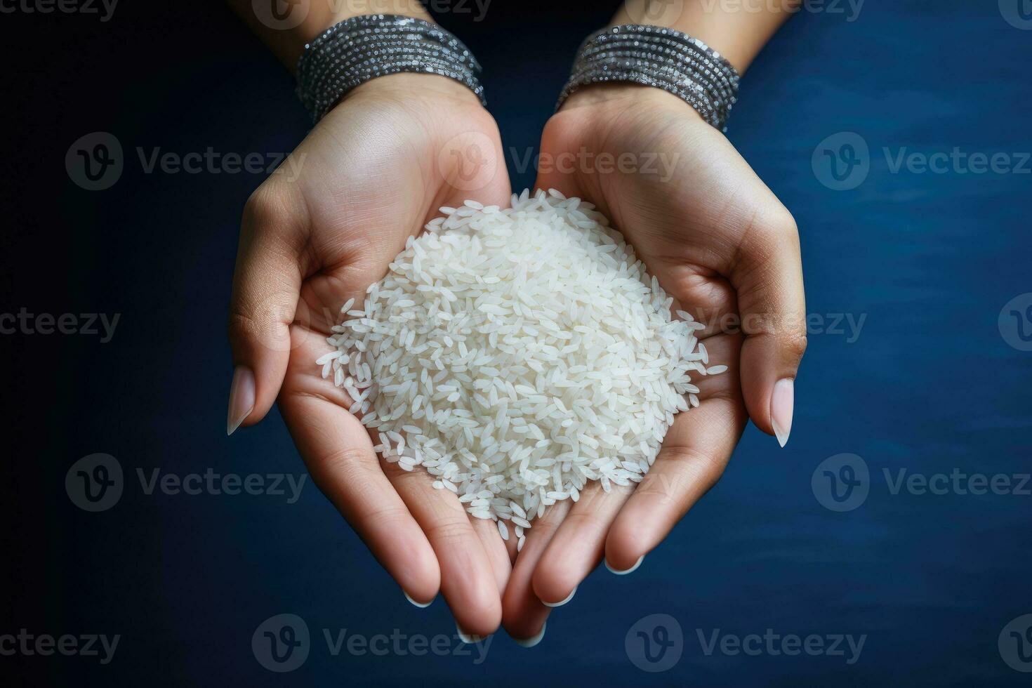 Female hands holding white grains of rice. Generative AI photo