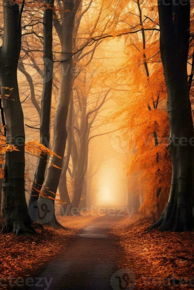 Magic autumn forest with walking path, beautiful autumn landscape. photo