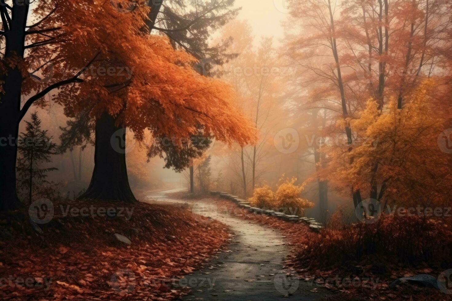 Magic autumn forest with walking path, beautiful autumn landscape. photo