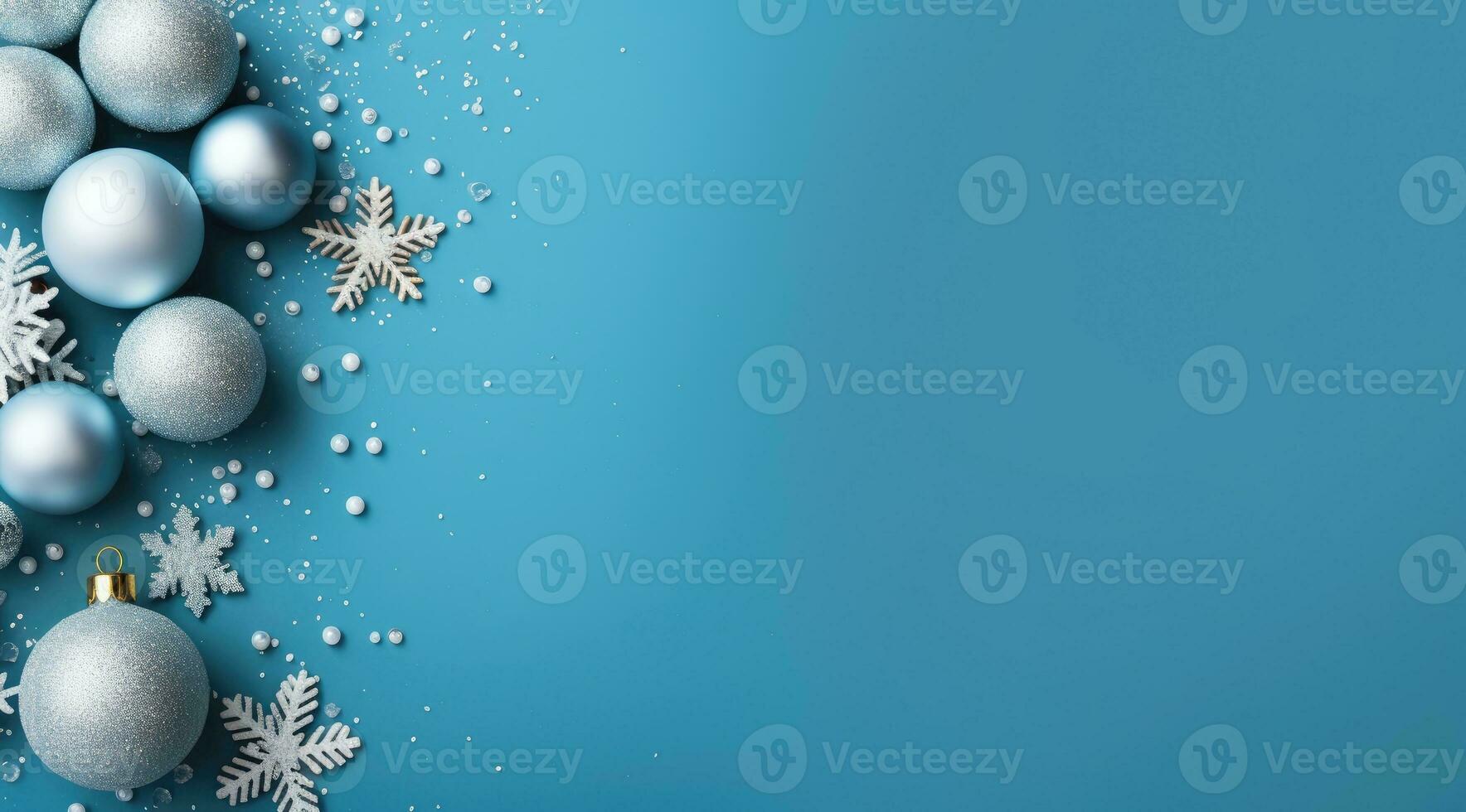 Christmas blue background with Christmas ornaments. Blue balls and silver snowflakes, copy space. AI Generative photo