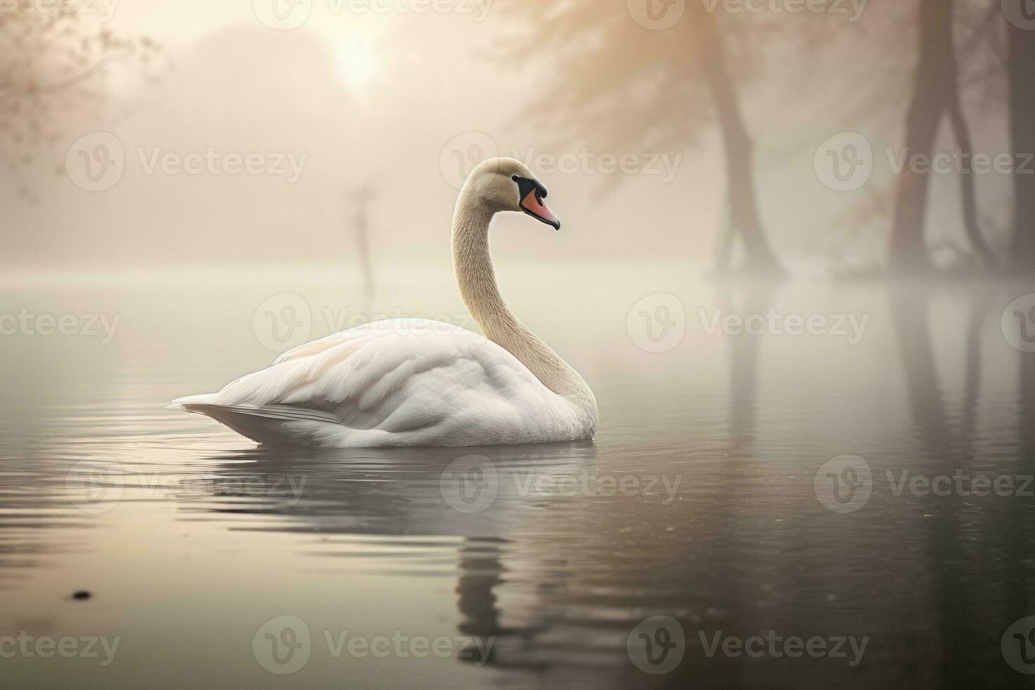 Floating white swan on a foggy lake. AI Generative photo