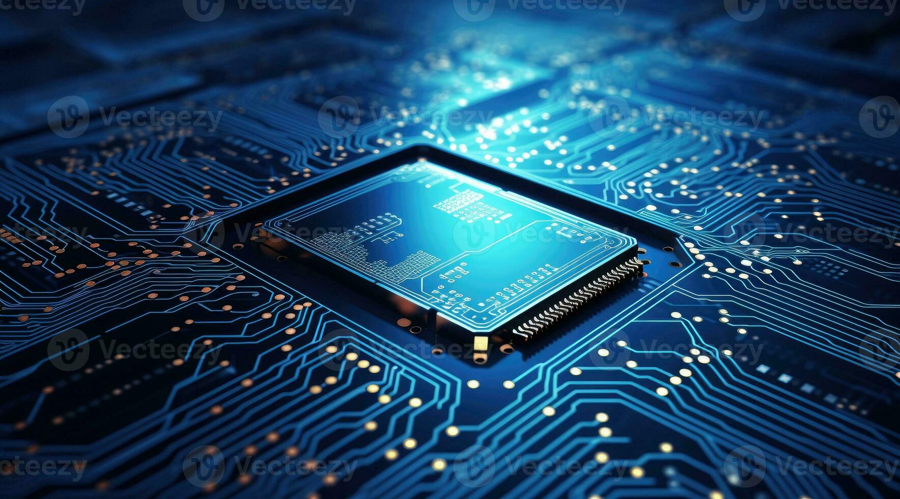 Futuristic neon microprocessor on blue background. Integrated microchip photo
