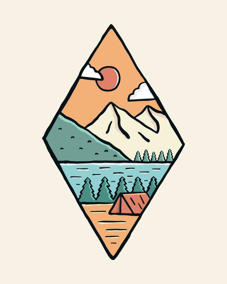 cámping cerca un lago debajo el montaña Clásico vector t camisa pegatina Insignia ilustración