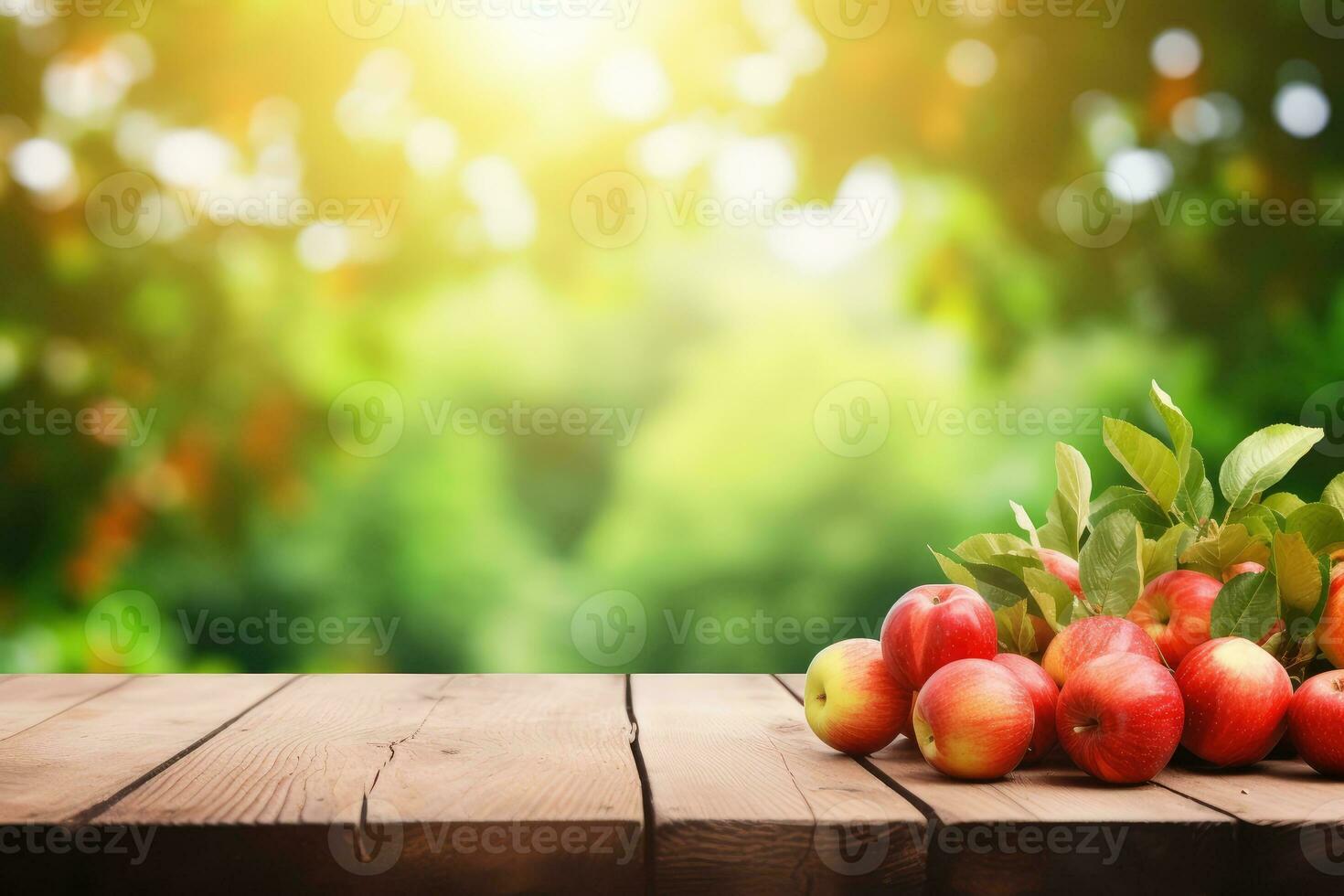 Wooden table top on blurred background orchard with apples. Generative AI photo