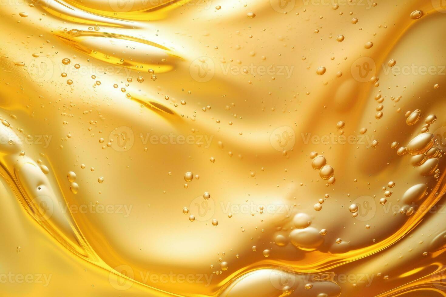 Oil bubbles background, gold liquid with golden drops. photo