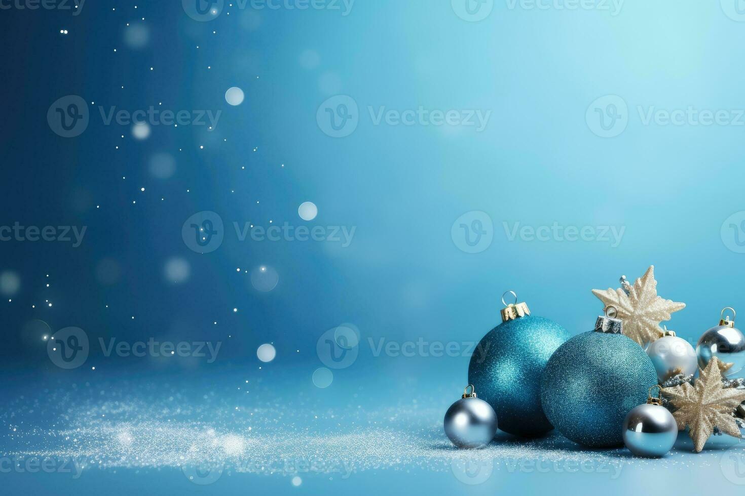 Christmas background with Christmas decorations. Blue balls and silver snowflakes. Generative AI photo
