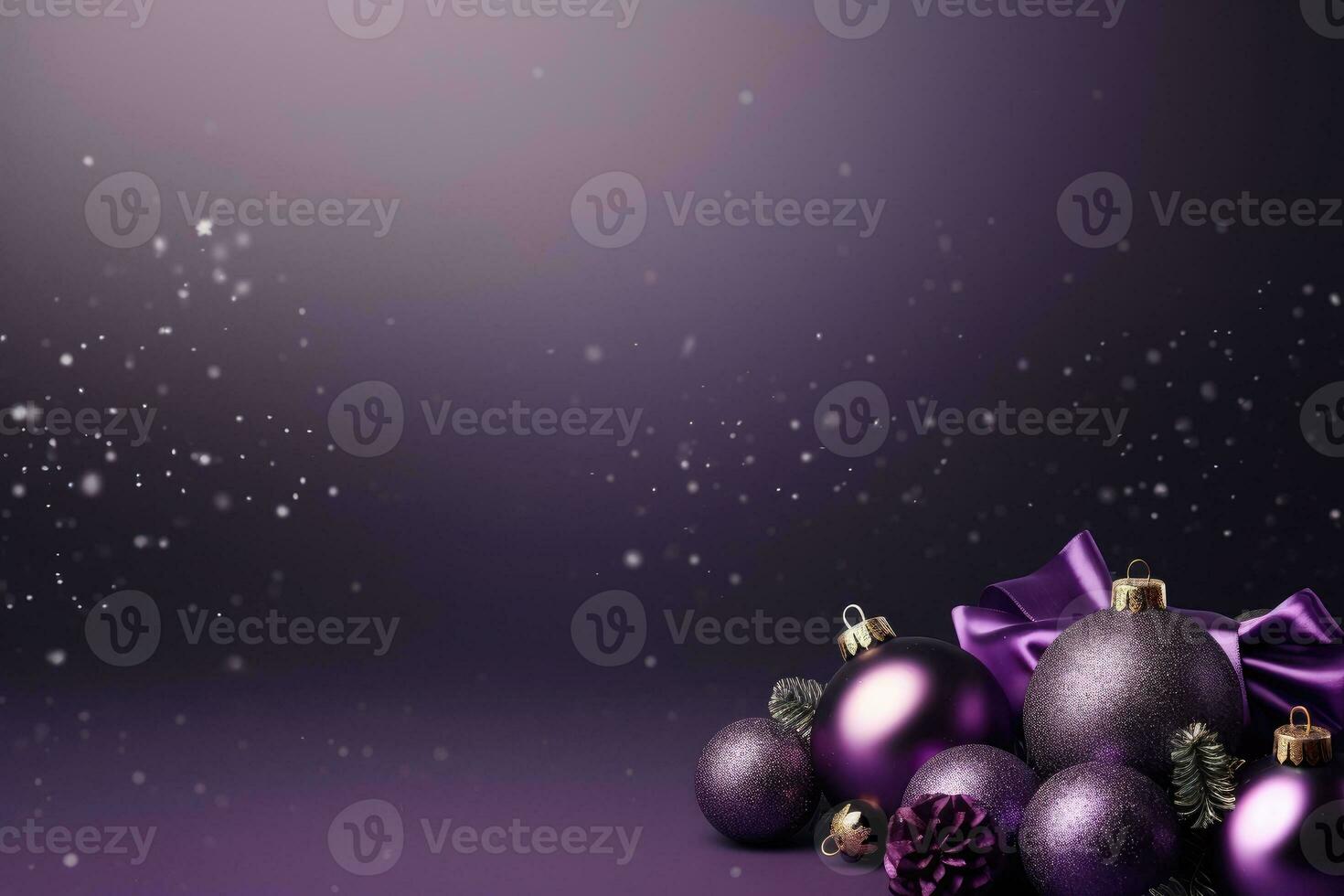 Christmas decorations with purple christmas balls and place for text. Generative AI photo