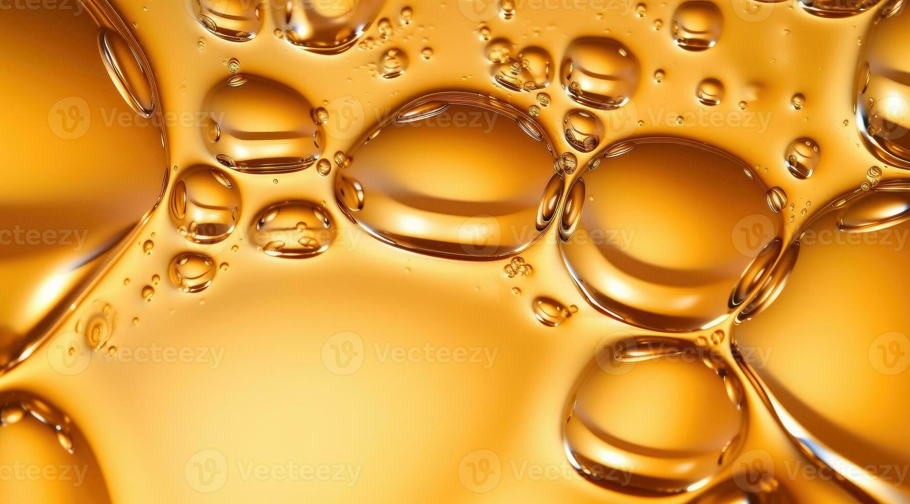 Oil bubbles background, gold liquid with golden drops. photo