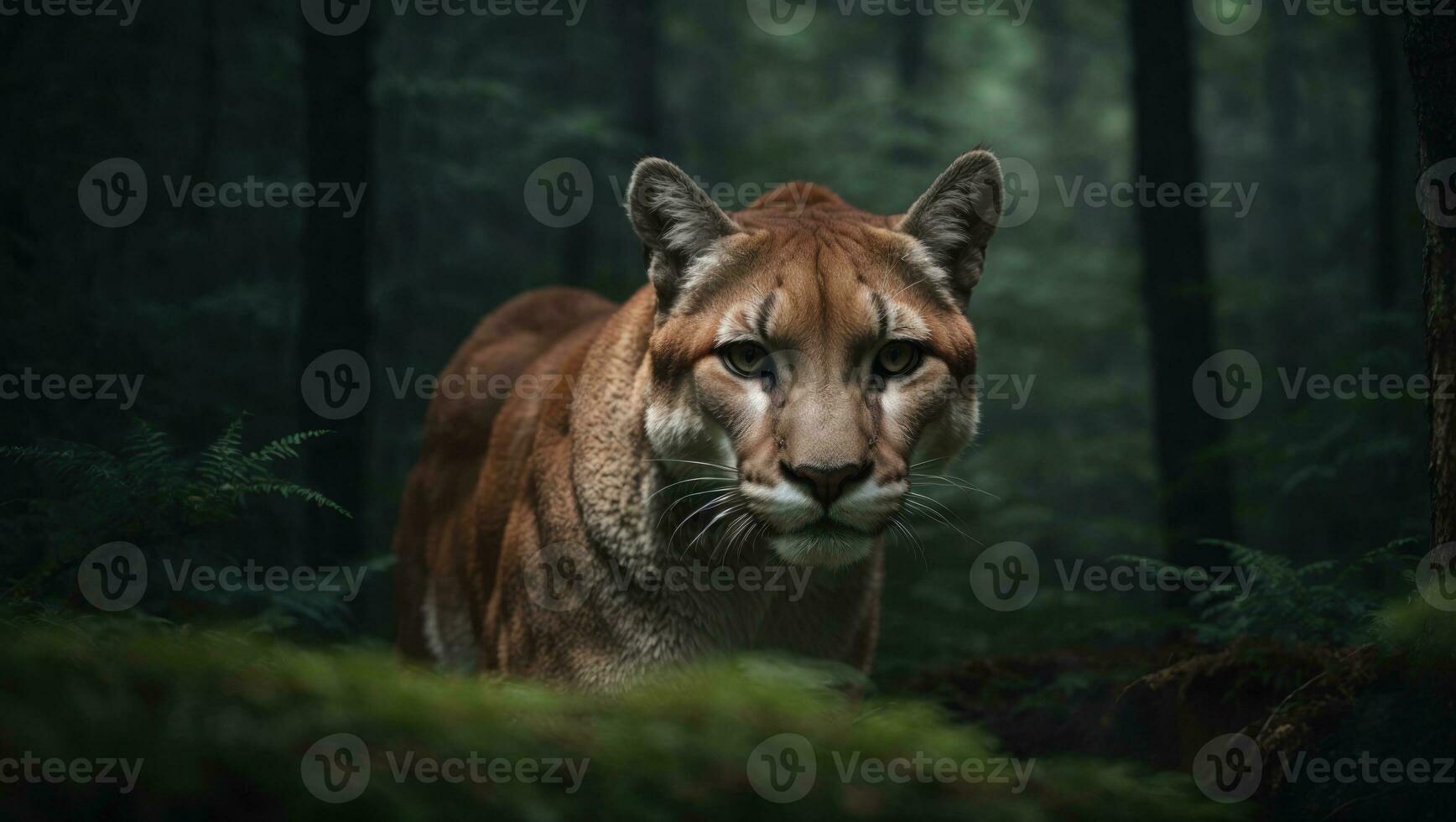 Cougar in the dark forest photo