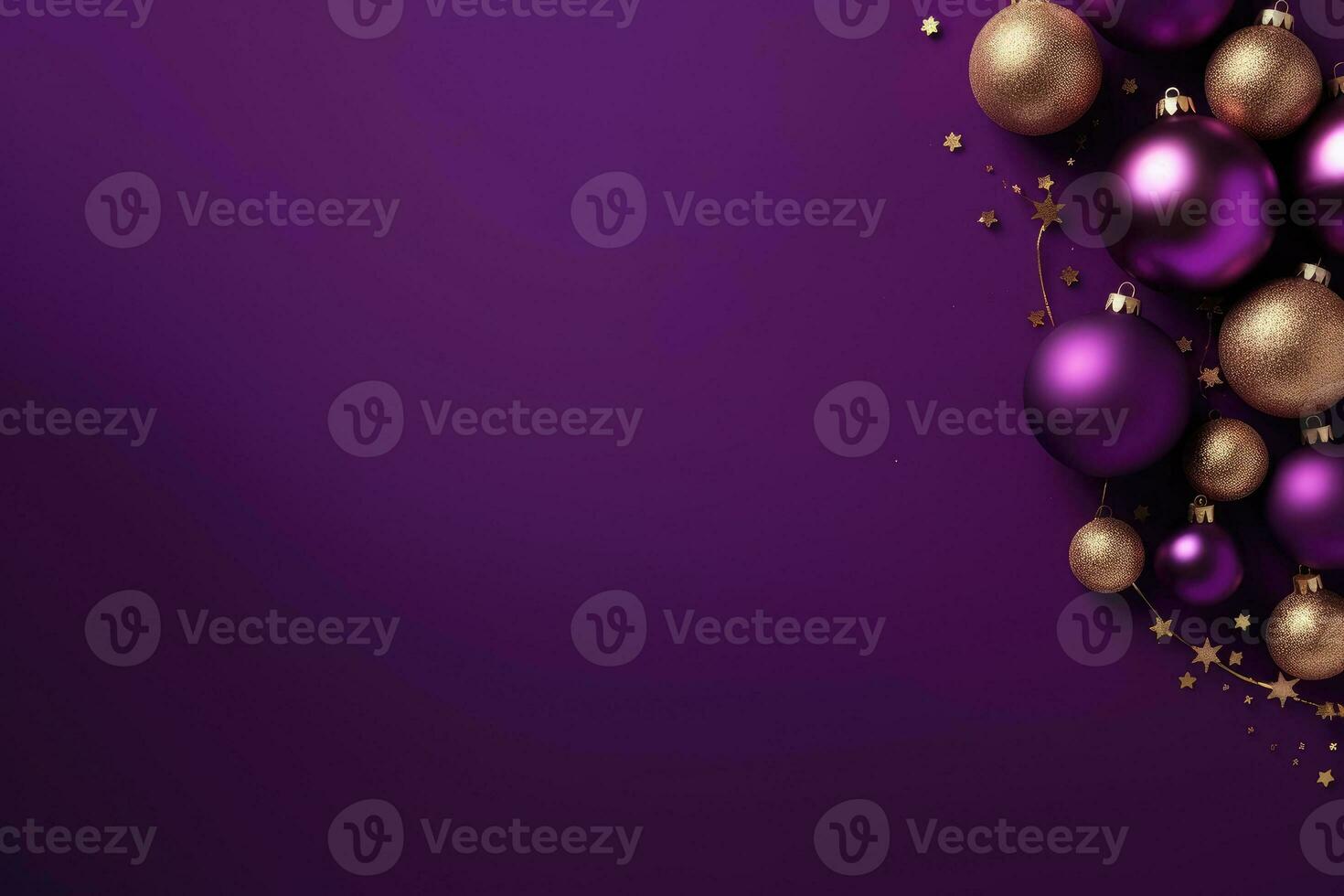 Christmas decorations with purple christmas balls and place for text.. AI Generative photo