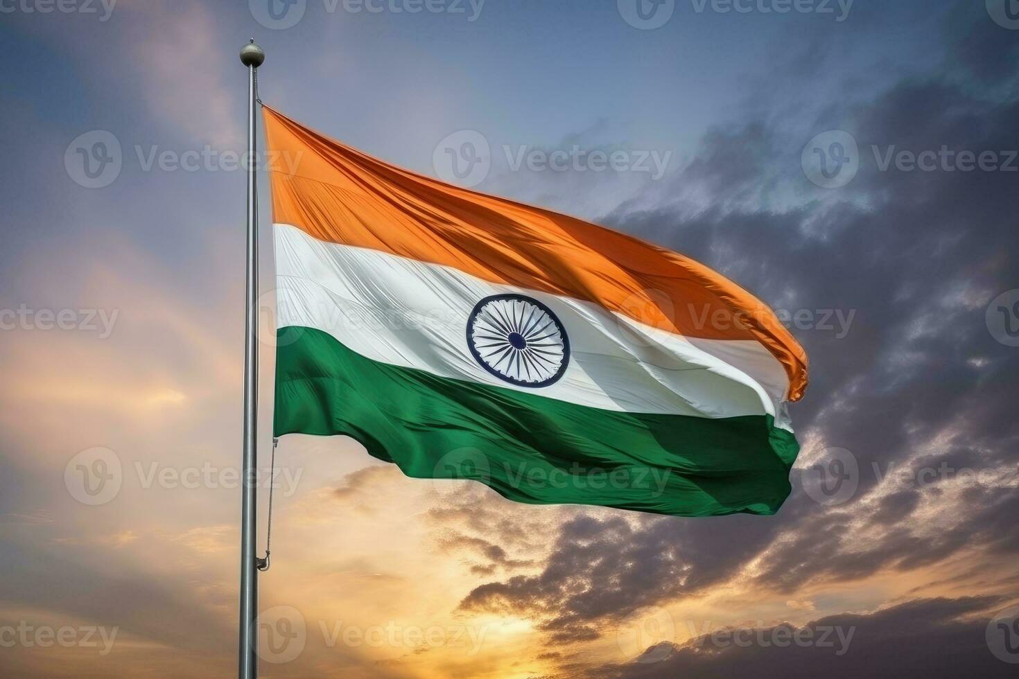 Indian flag waving on blue sky background. AI Generative photo