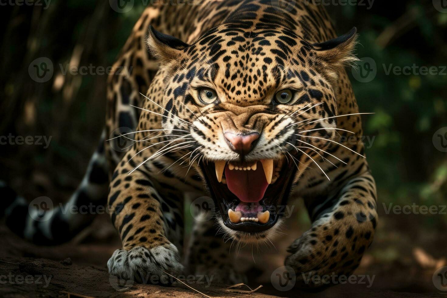 Roaring jaguar in the rainforest. Generative AI photo