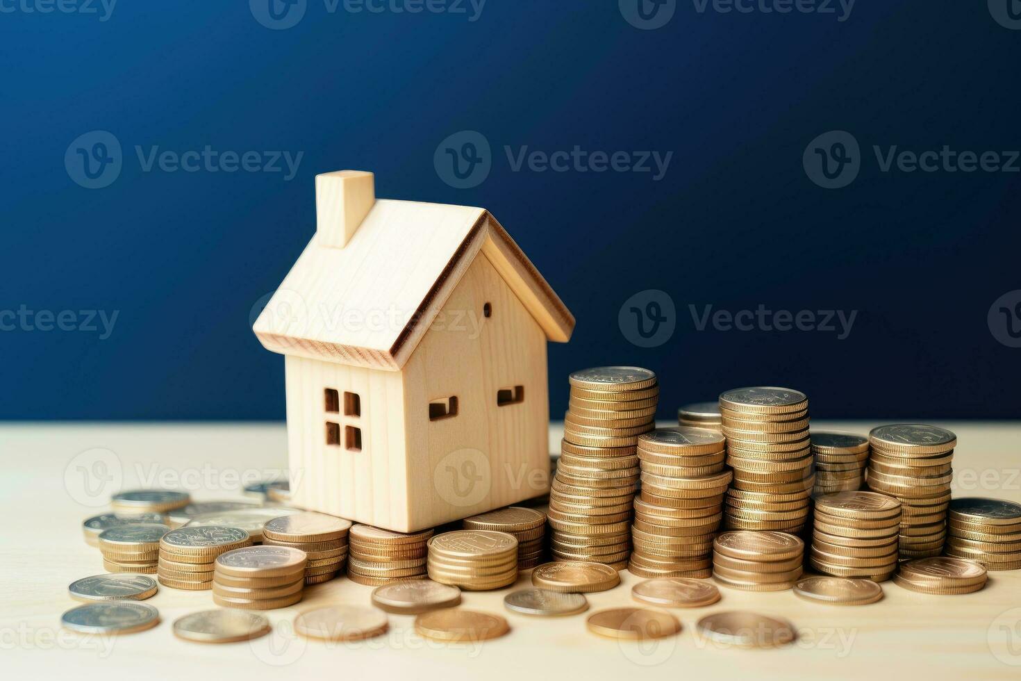 Wooden house with stack money coins on table. Investment business concept. AI Generative photo