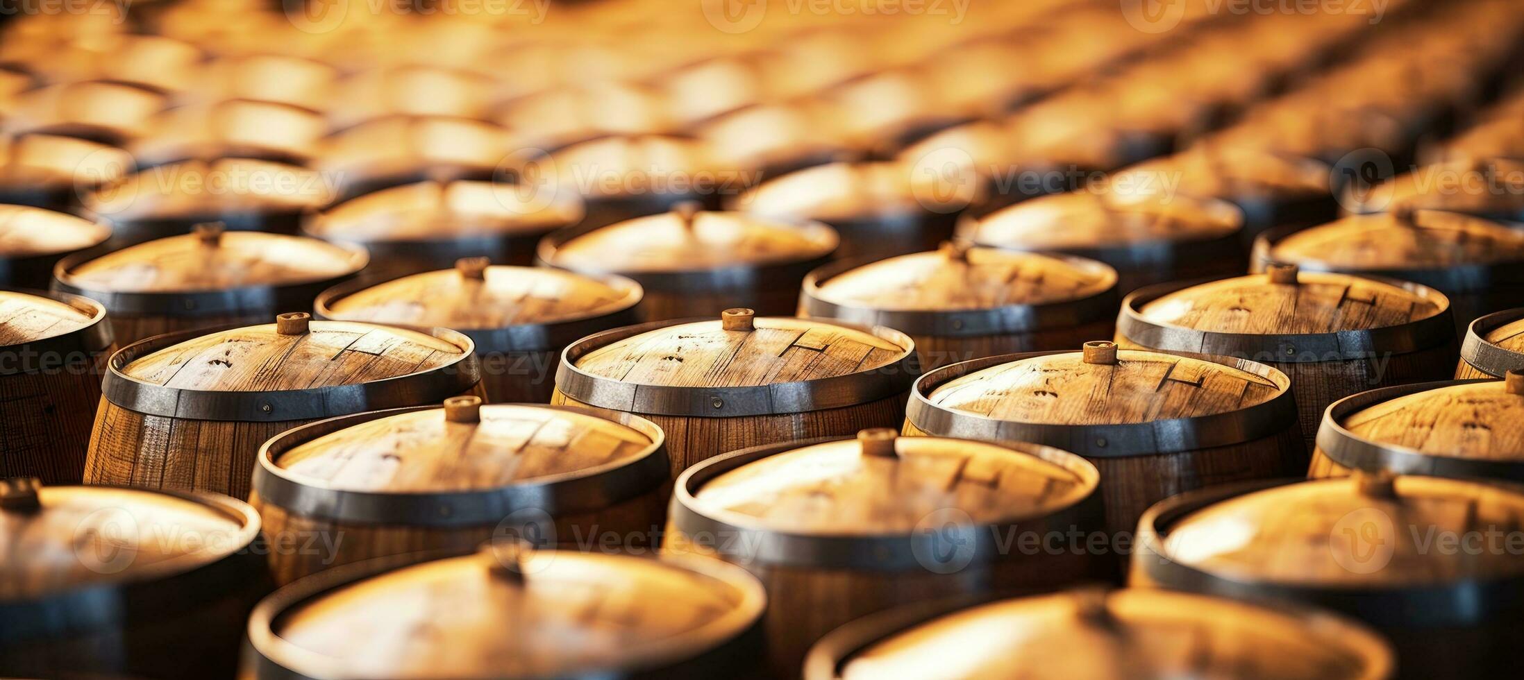 Wooden oak Port barrels in neat rows. Generative AI photo