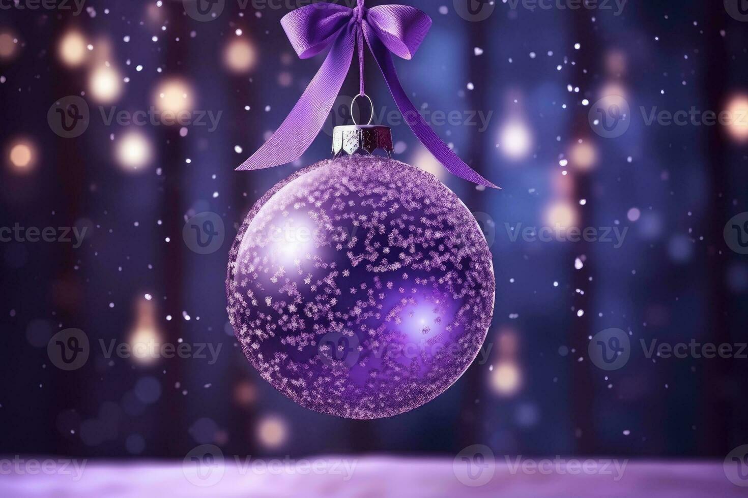 Purple glass christmas ball hanging on ribbons. Home christmas decoration. AI Generative photo