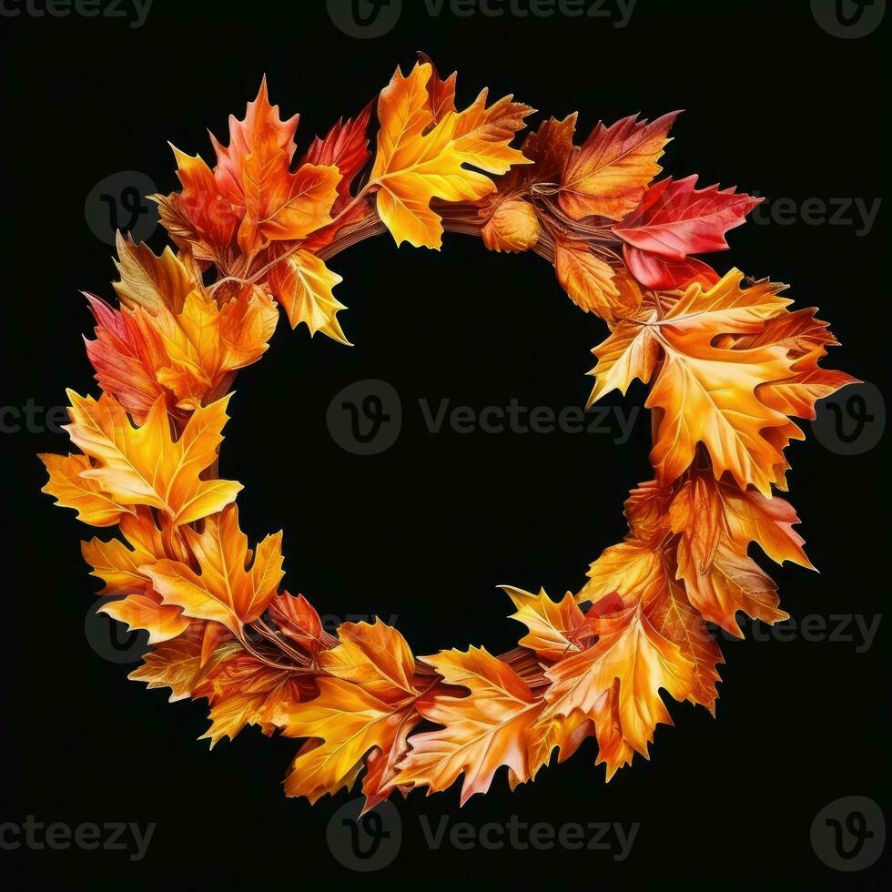 Round frame with orange and yellow maple leaves. Autumn wreath. Generative AI photo