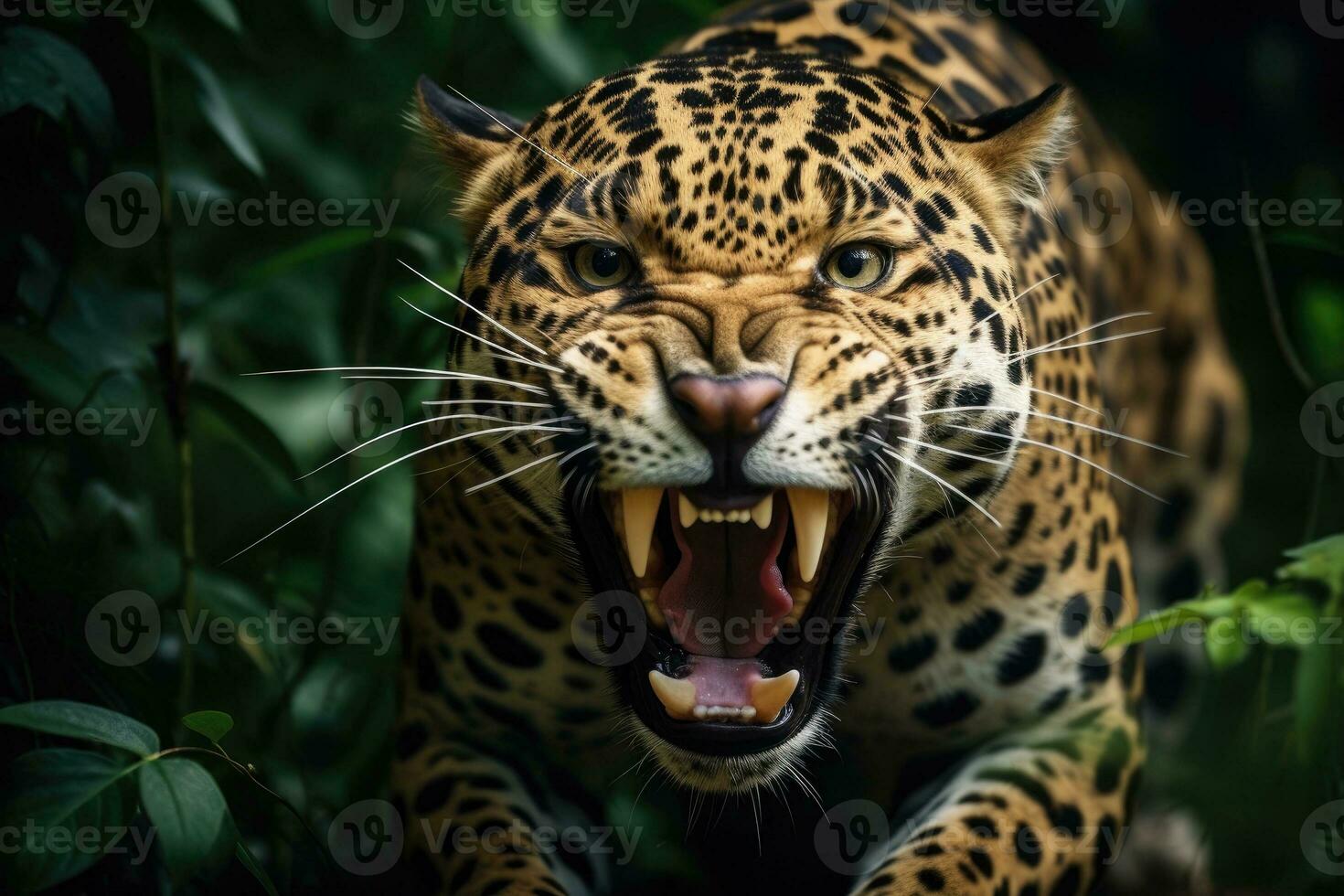 Angry jaguar in the rainforest. Generative AI photo