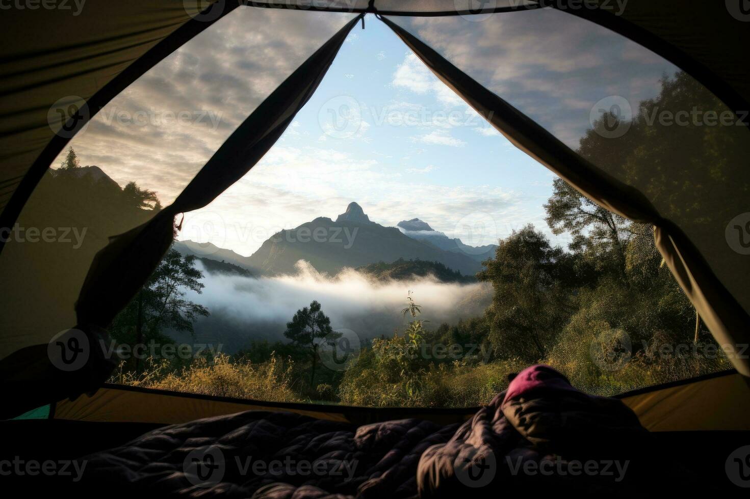 View of the mountain landscape from the open tent. AI Generative photo