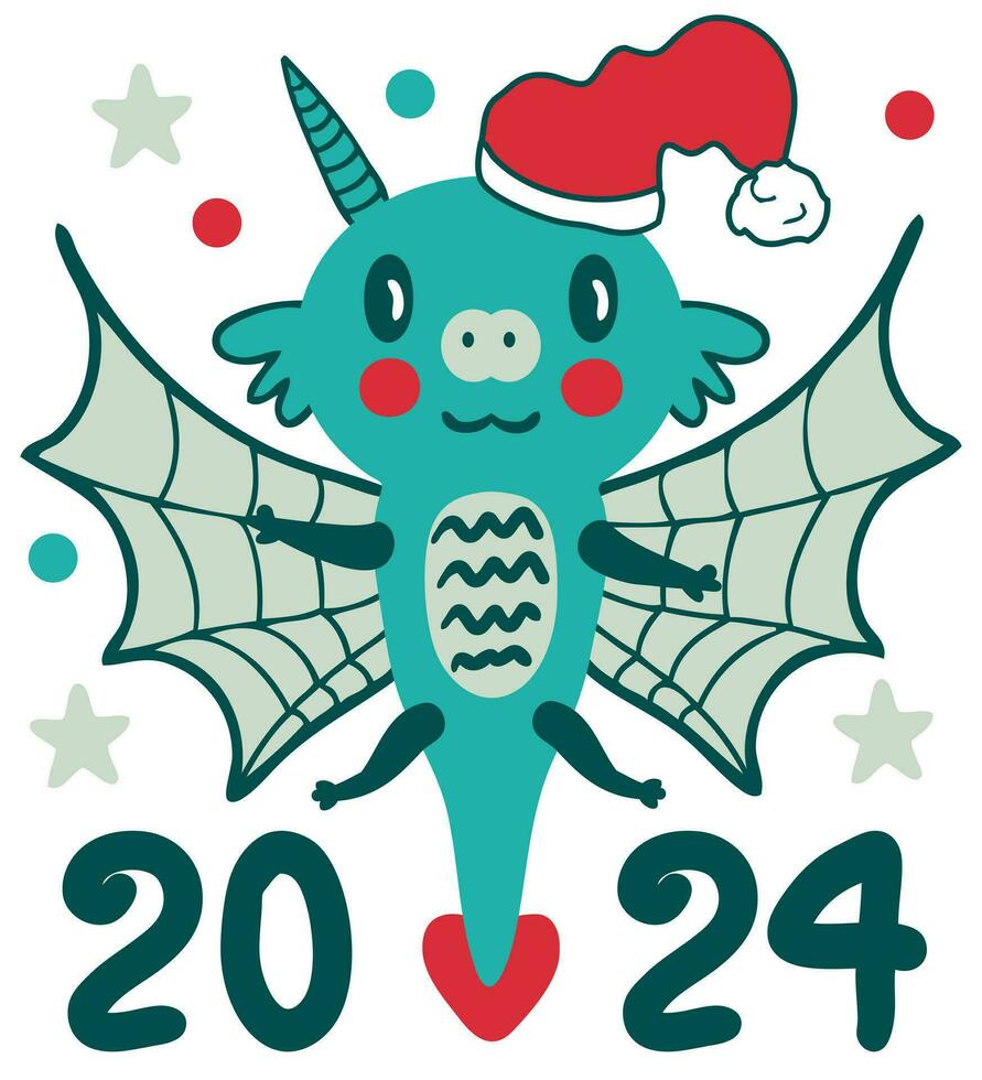 New Year 2024 template with kawaii flying dragon cartoon character. Perfect for tee, poster, greeting card, sticker. vector