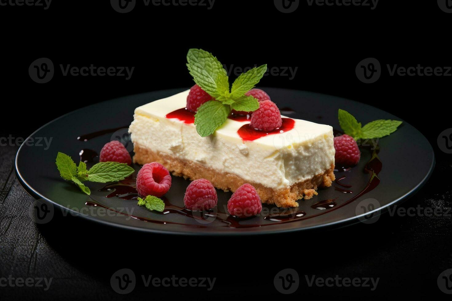 Cheesecake with raspberries and mint on black plate photo