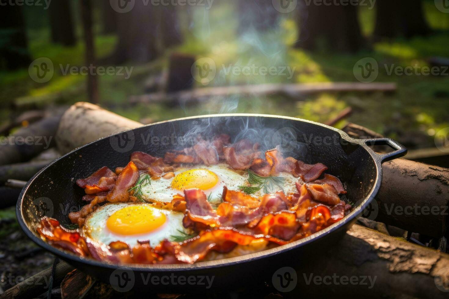 Camping breakfast with bacon and eggs in a cast iron skillet. Fried eggs with bacon in a pan in the forest. Generative AI photo