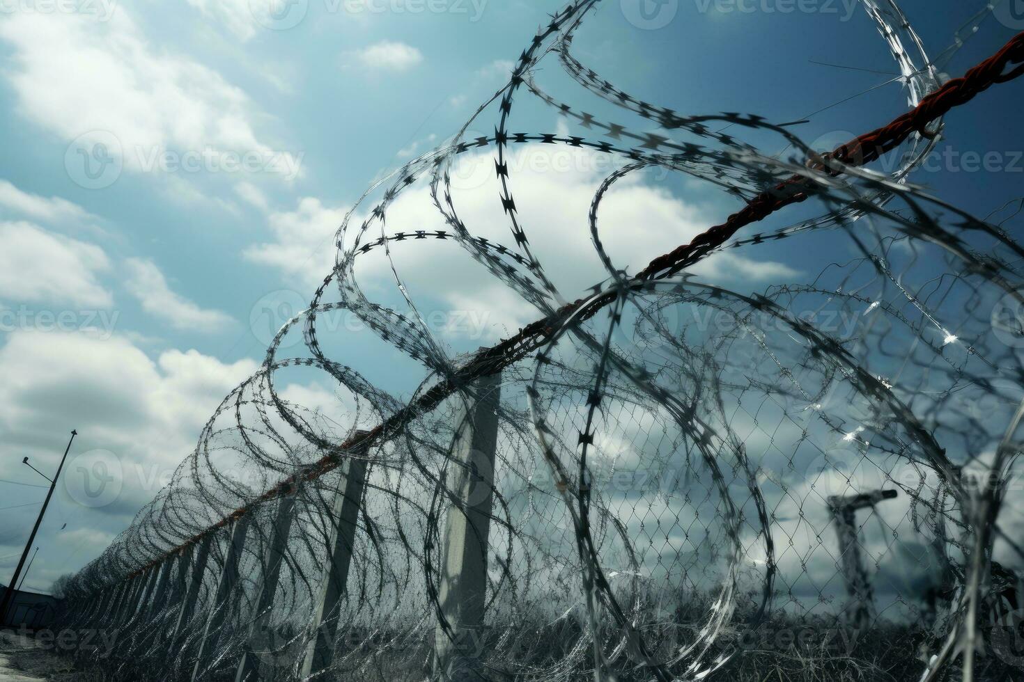 Barbed and razor wire fence. Fencing the state border against immigration photo