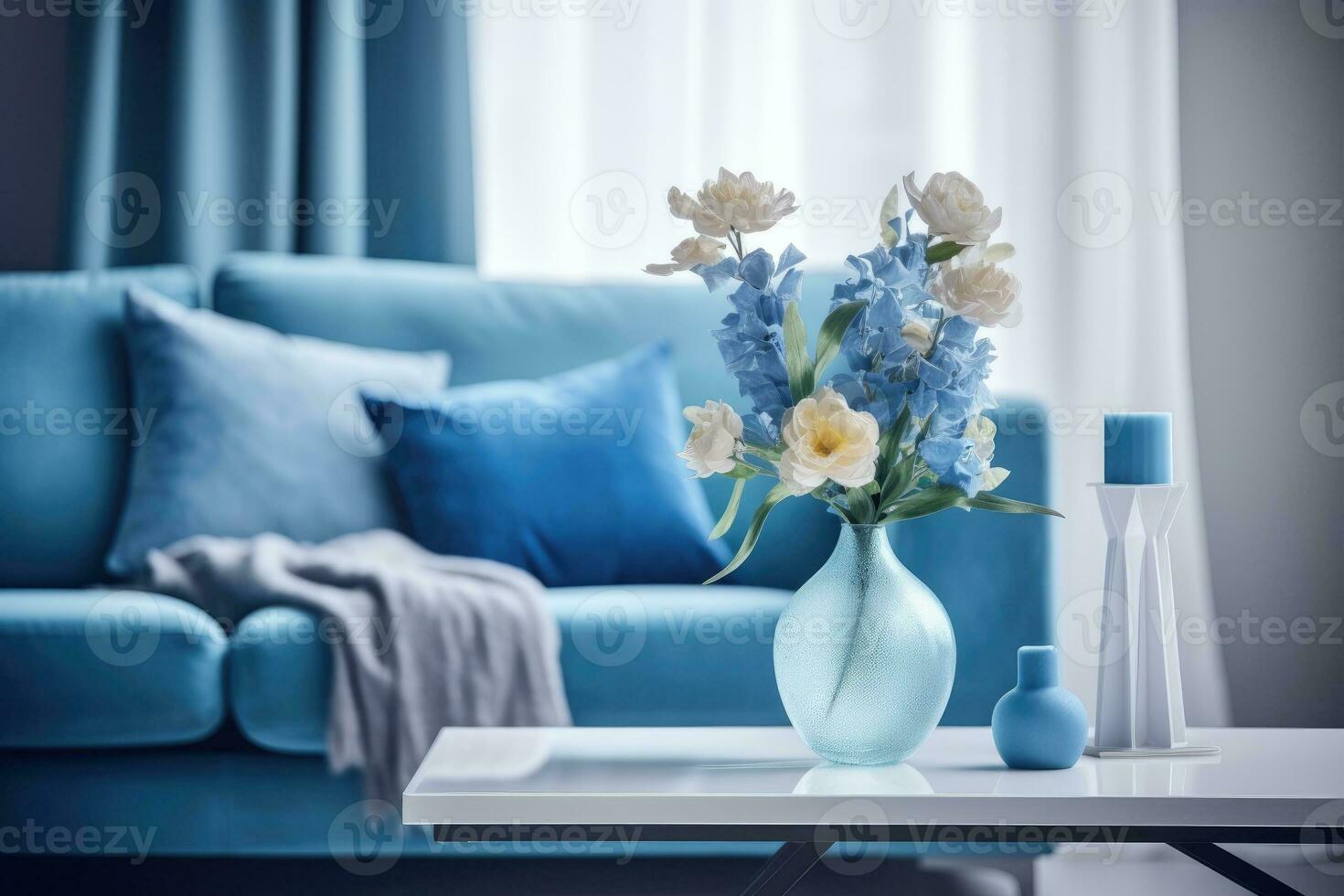 Modern blue living room design with sofa and furniture with flowers.. Generative AI photo