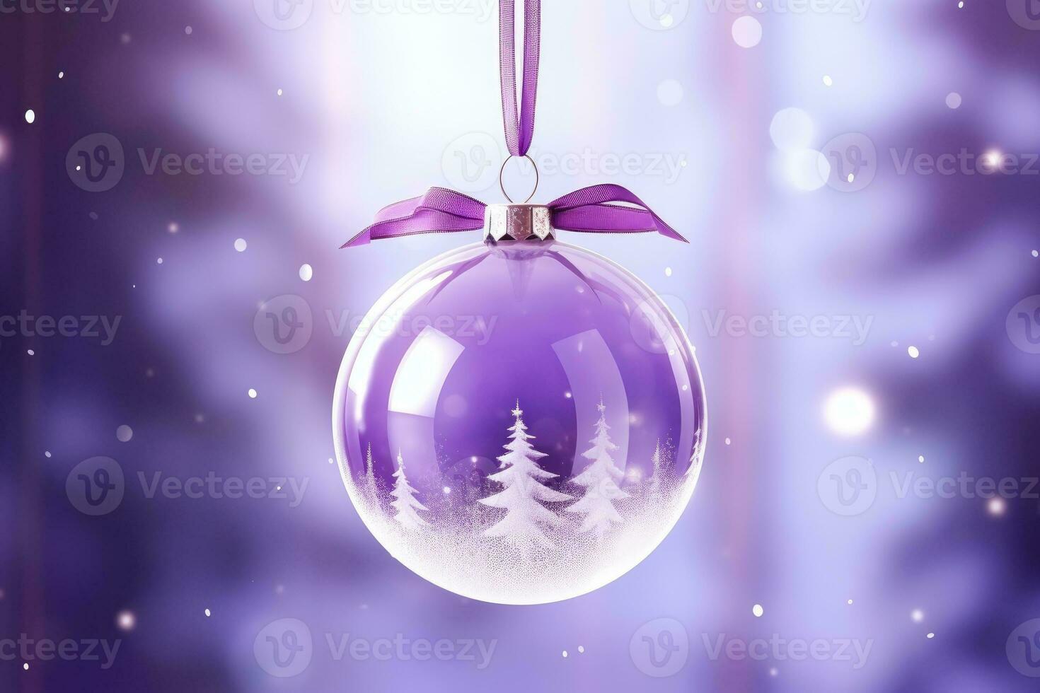 Purple glass christmas ball hanging on ribbons. Home christmas decoration photo