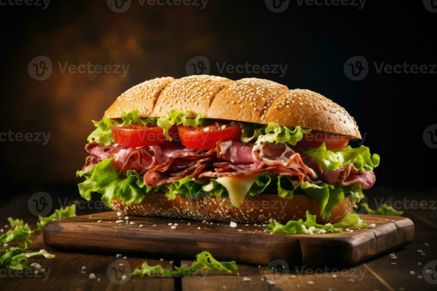 Sandwich with prosciutto, tomato and cheese on a wooden rustic background.. AI Generative photo