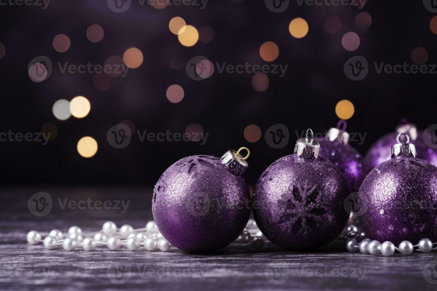 Christmas decorations with purple christmas balls and place for text. AI Generative photo