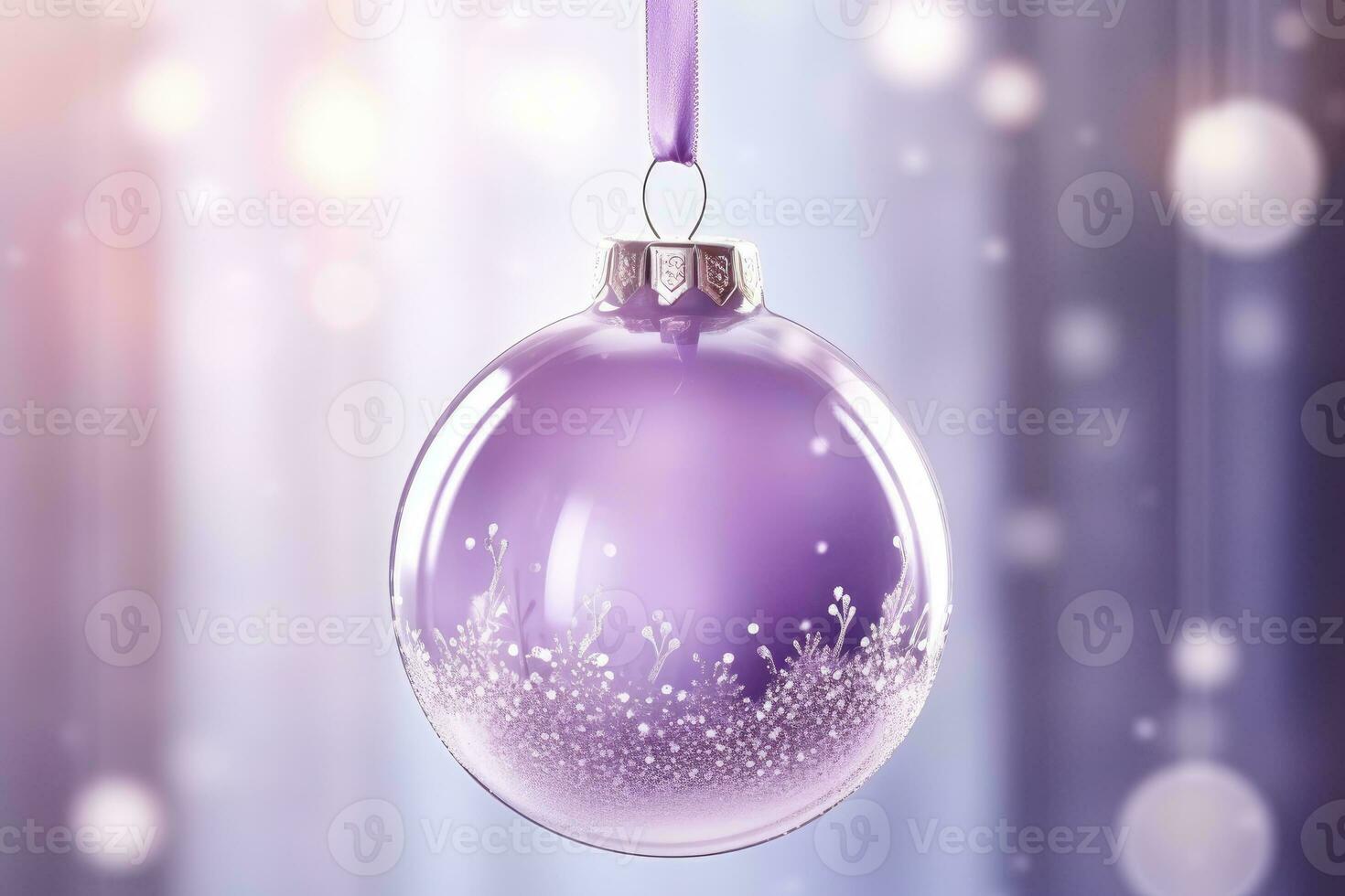 Purple glass christmas ball hanging on ribbons. Home christmas decoration. AI Generative photo