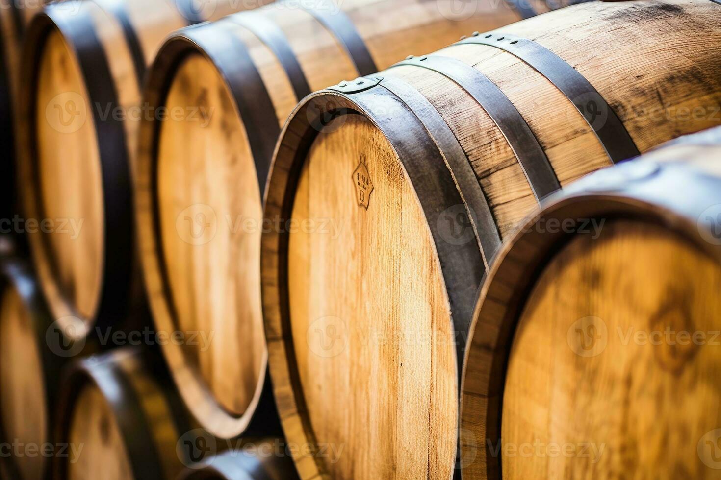 Wooden oak Port barrels in neat rows. AI Generative photo