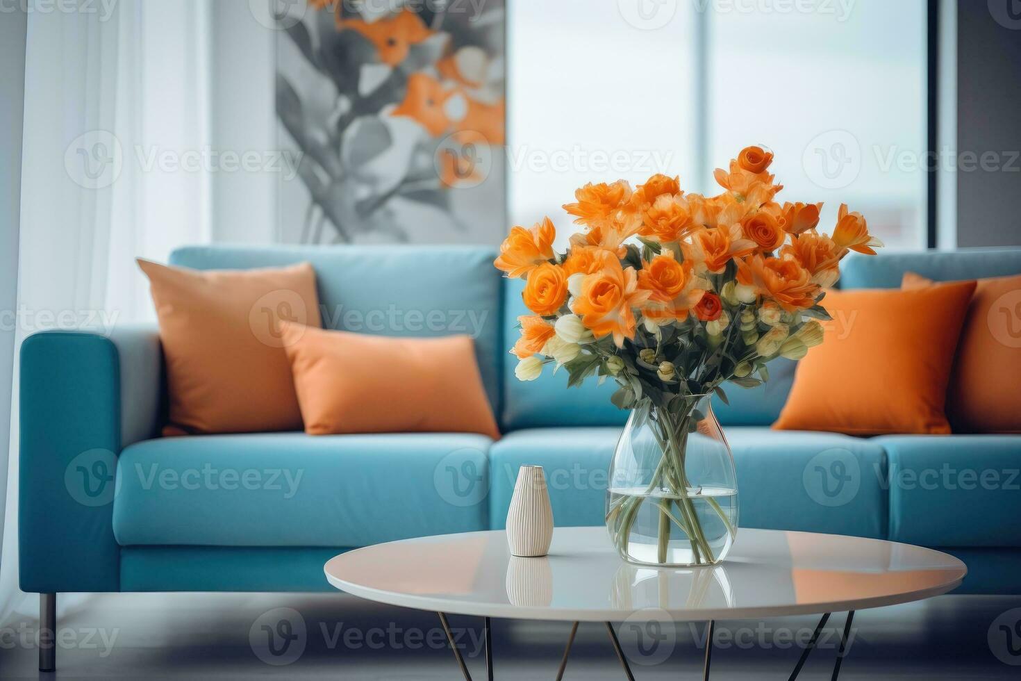 Modern blue and orange living room design with sofa and furniture with flowers. Generative AI photo