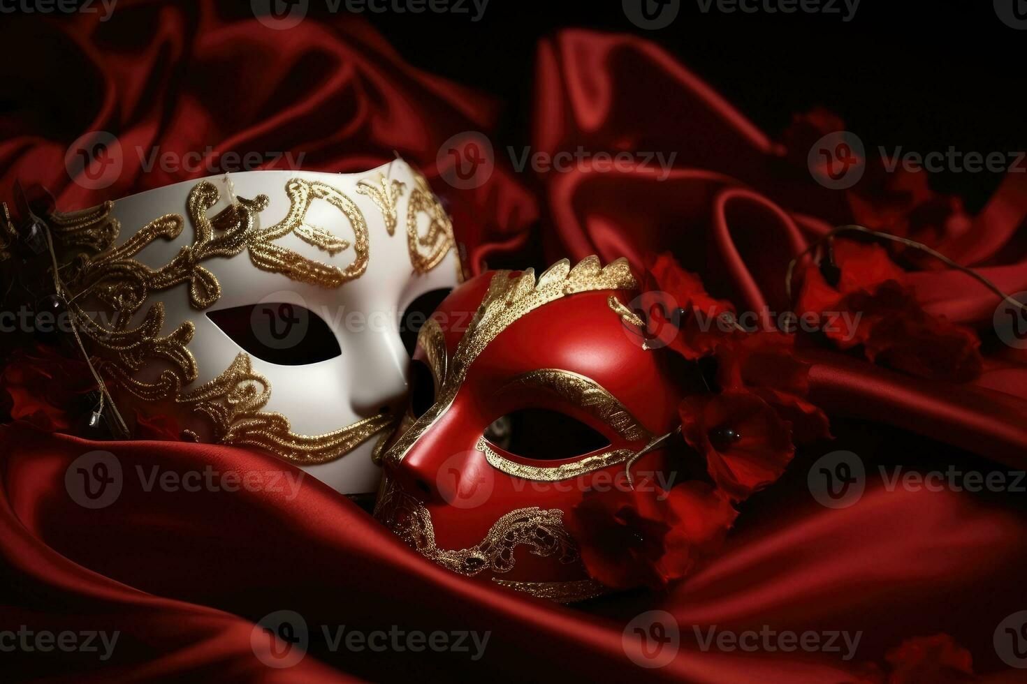 Venetian carnival mask with gold decorations on red background. Generative AI photo