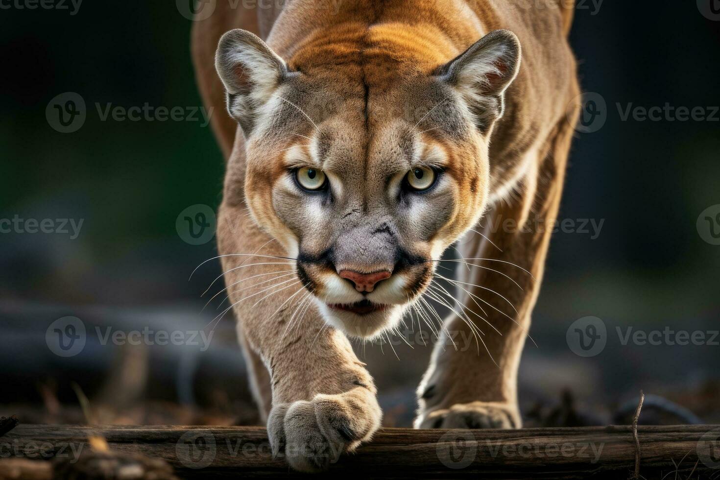 Angry cougar or mountain lion hunts its prey. AI Generative photo