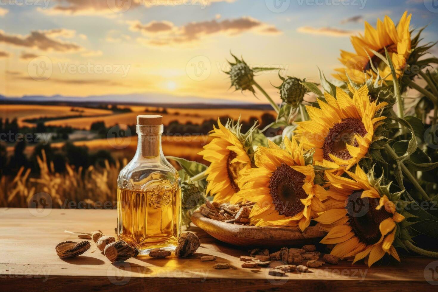 Sunflower oil and sunflower flowers photo