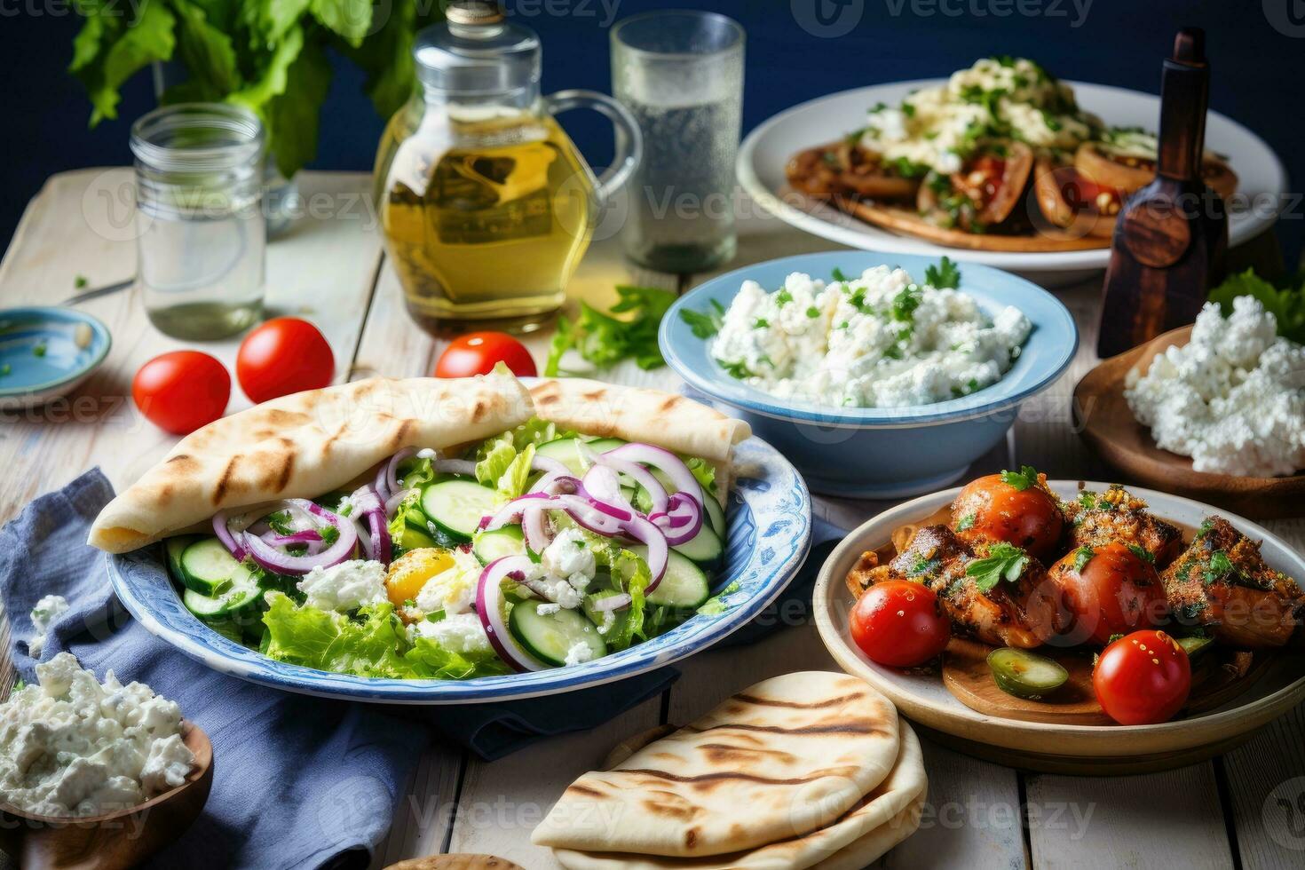 Selection of traditional greek food - greek salad, tzatziki, souvlaki, gyros and baked potatoes. AI Generative photo