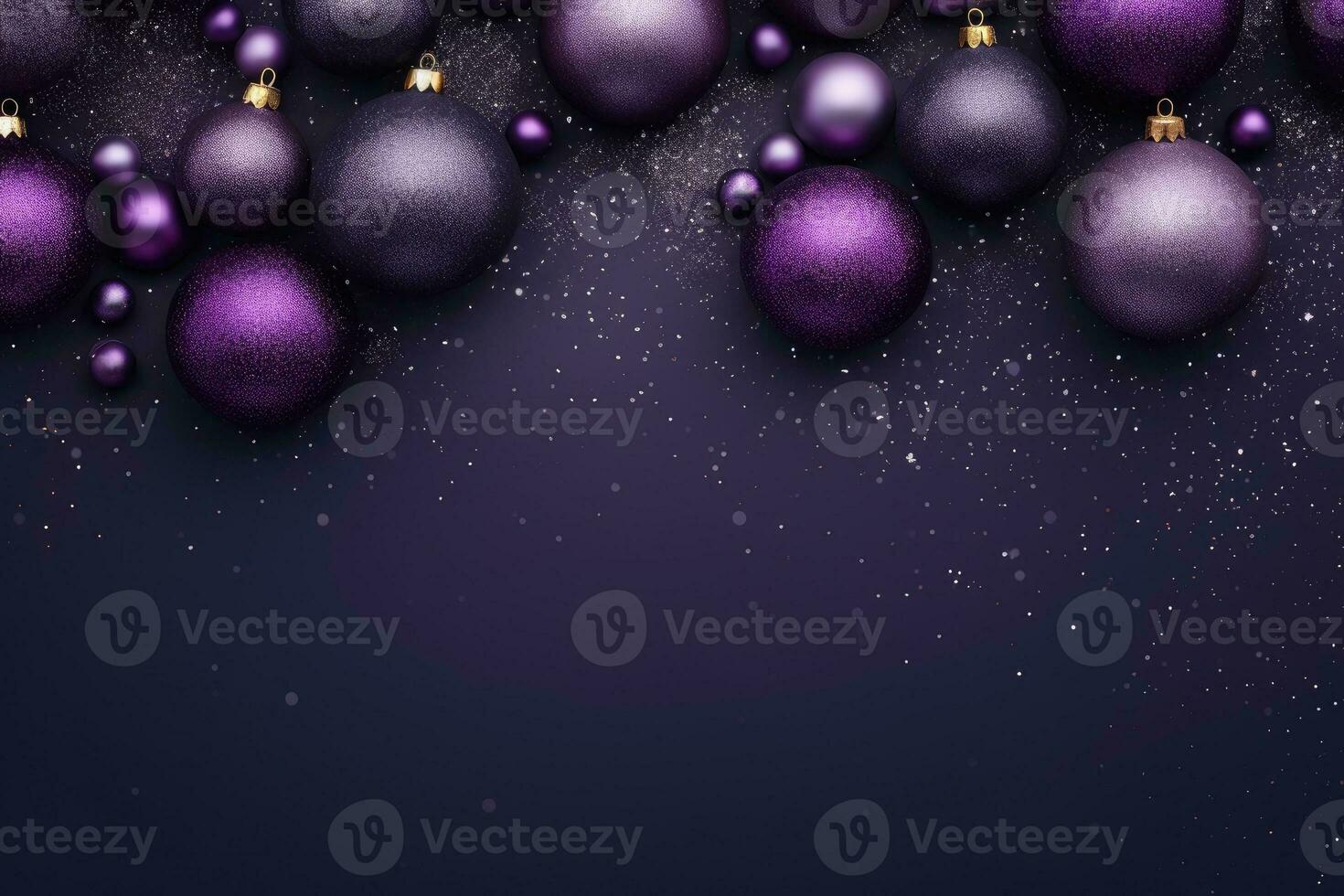 Christmas decorations with purple christmas balls and place for text.. AI Generative photo