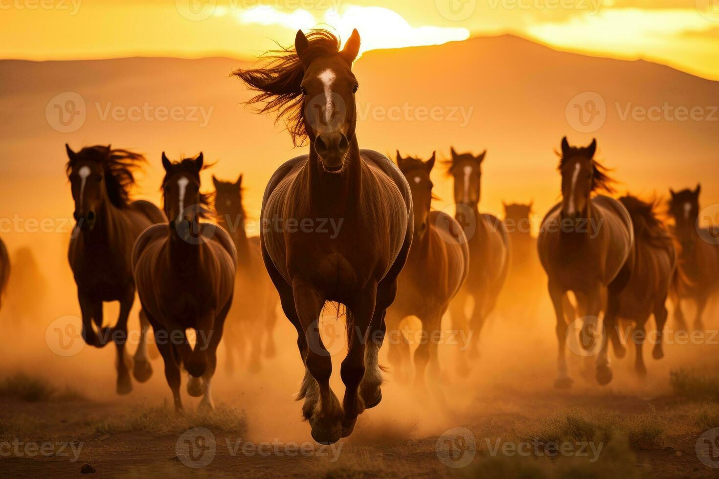 grupo de caballos corriendo galope en el desierto. generativo ai foto