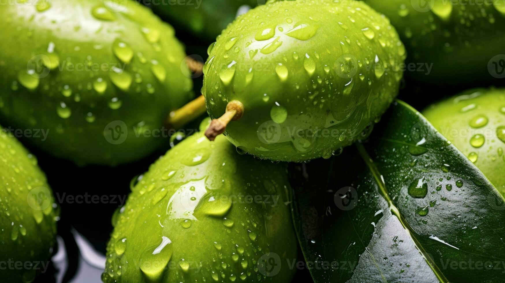 Green olives with drops of water photo