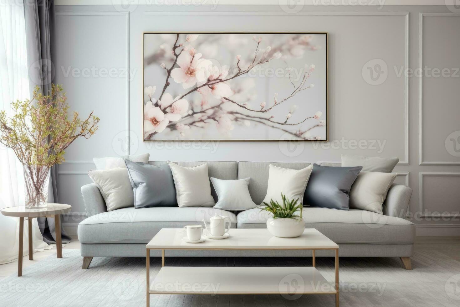 Modern white living room design with sofa and furniture with flowers. Generative AI photo