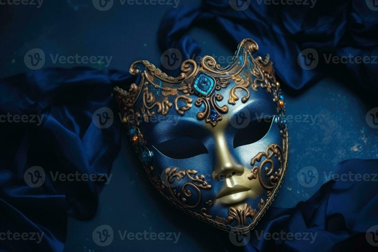 Festive Venetian carnival mask with gold decorations on dark blue background. Generative AI photo